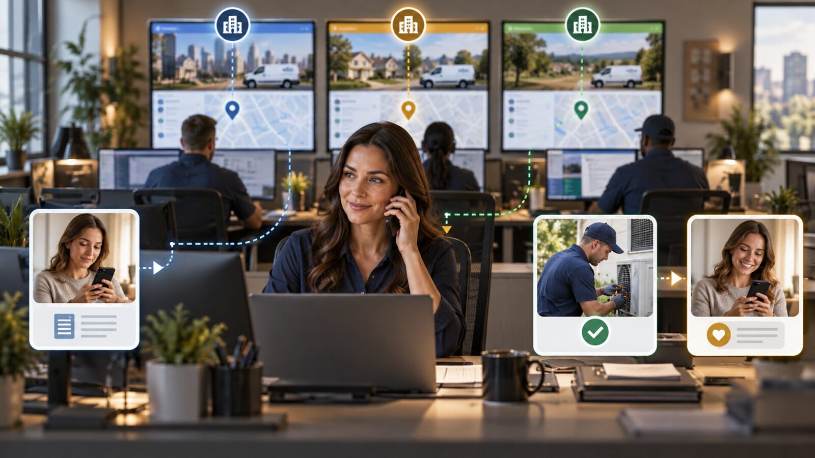 Service request routes from a business chat to the right branch, technician completion and human handoff