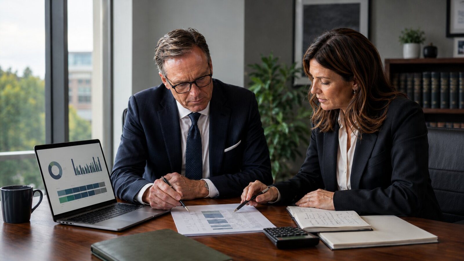 Illustration of a law-firm proposal review with a budget worksheet, calculator and laptop