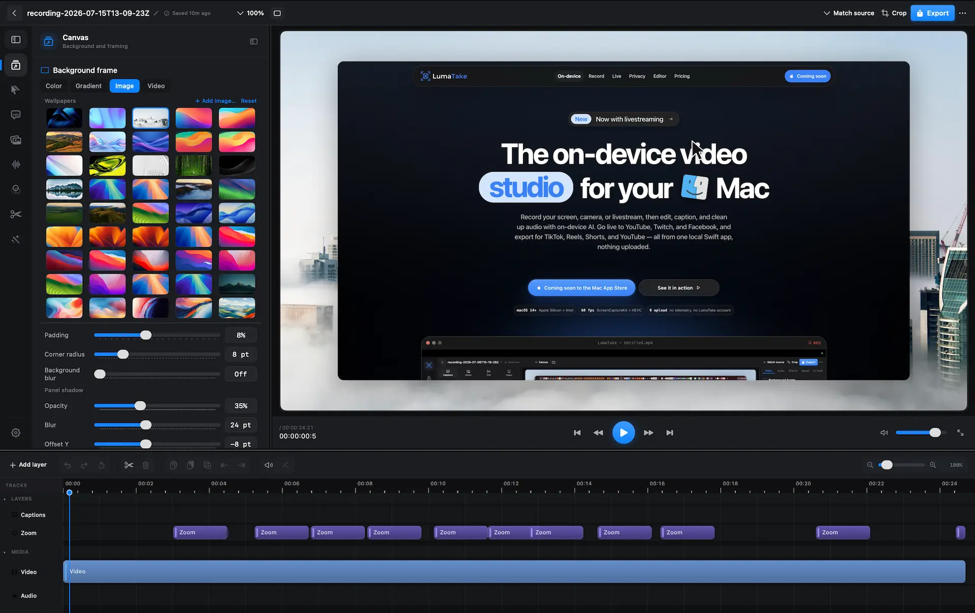 The LumaTake editor on macOS: a background and framing sidebar, a recording preview and a multi-track timeline of zoom clips