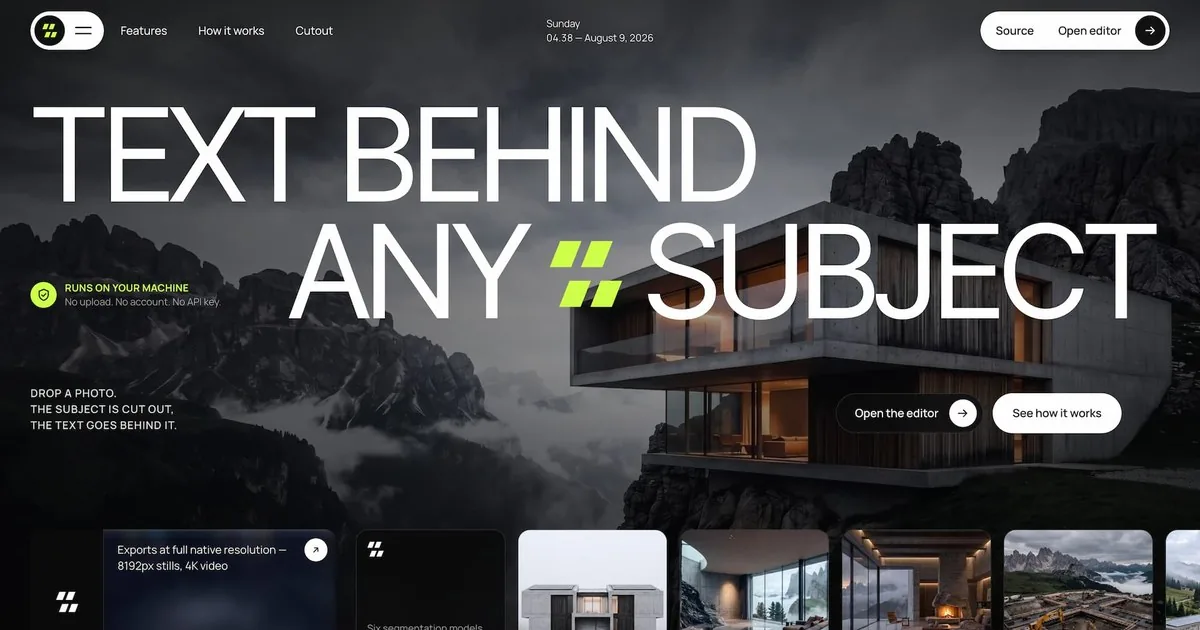 Text Behind Subject homepage with its title set behind a cliffside house photo and an Open the editor button