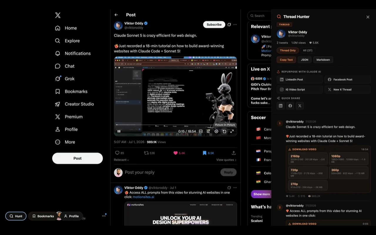 The Thread Hunter panel open beside an X post, offering thread copy as text, JSON or Markdown and repurposing into other formats